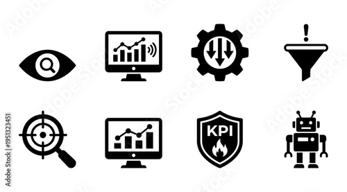 a collection of black icons representing business analytics, kpi, data analysis, and robotics on a white background, useful for marketing, advertising, and educational materials