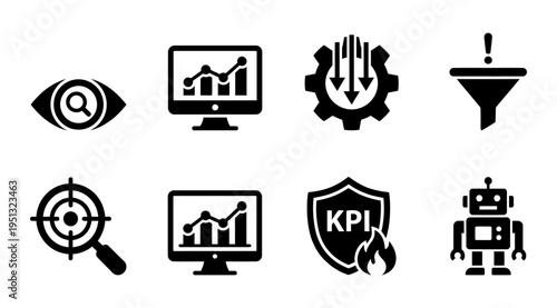 A collection of black icons representing business analytics, kpi, and marketing strategy concepts, including a robot, on a white background. Useful for presentations, reports, and marketing materials.