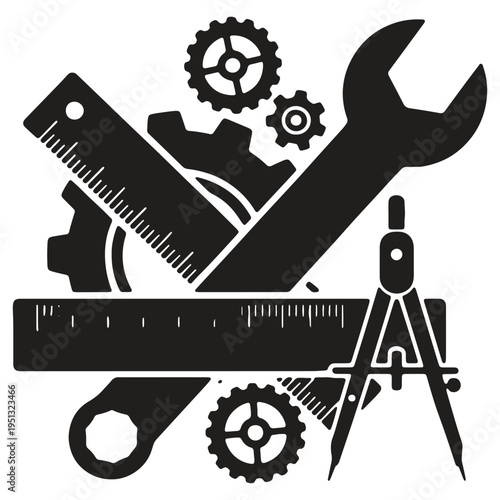 Engineering tools and equipment silhouette isolated on transparent background with rulers and gears and wrenches and compasses