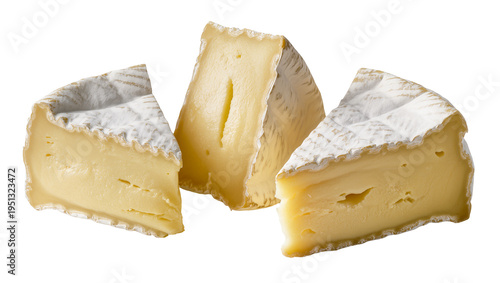 Isolated three wedges of delicious soft ripened creamy cheese with edible bloomy rind