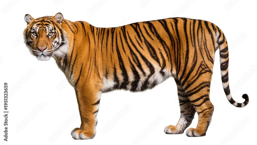 Obraz premium Isolated majestic tiger standing and looking at camera, powerful wild feline animal
