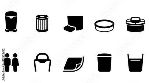 a collection of black and white icons featuring various trash cans and people, useful for design and educational purposes