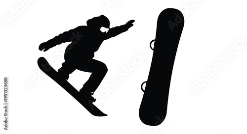 Snowboarder performing a trick mid air with board dramatic black silhouette