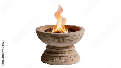 Isolated ornamental stone fire bowl with burning flame, featuring classical Greek key pattern design.