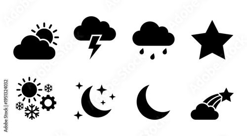 A collection of black weather icons on a white background, including sun, cloud, rain, lightning, snow, moon, and star symbols, useful for web design, mobile apps, and infographics.
