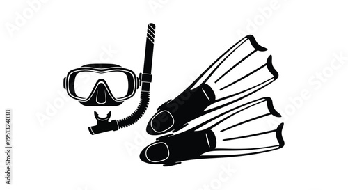 Snorkel mask and fins depicted in a striking black silhouette