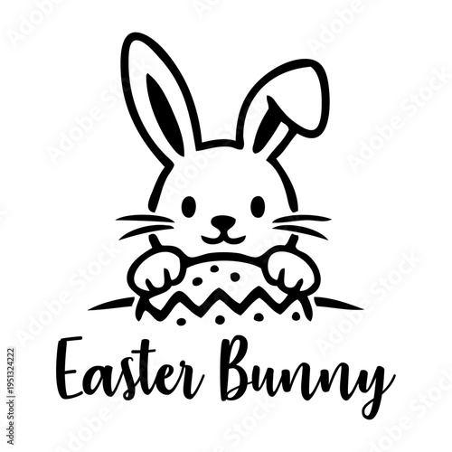 Logotipo conejo de Pascua. Dibujo sencillo con líneas de un conejito con un huevo de Pascua y el texto Easter Bunny, para felicitaciones y tarjetas