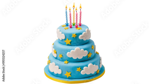 Fotografía Isolated three-tier blue birthday cake decorated with clouds, stars, and five li
