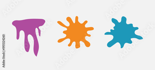 Vibrant paint splatters in purple orange and blue hues on a white background