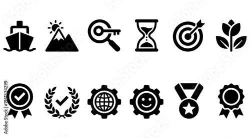 a collection of black icons representing business success, achievement, and motivation, including symbols for goals, targets, and awards, useful for marketing, advertising, and educational materials