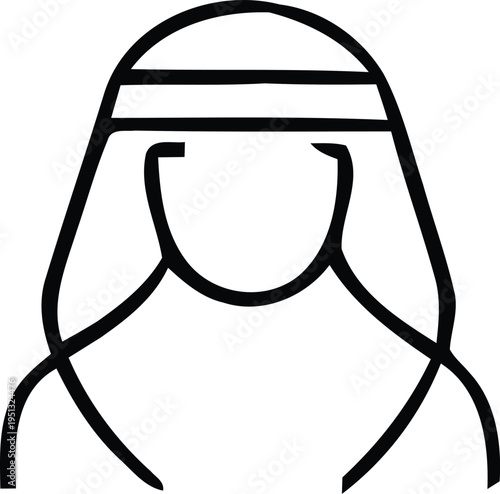 A simple line drawing of a person wearing a head covering