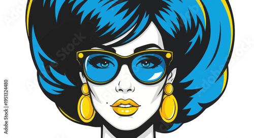 Glamorous Woman, Pop Art Style, Blue Hair, Sunglasses, Yellow Lips, Retro Fashion