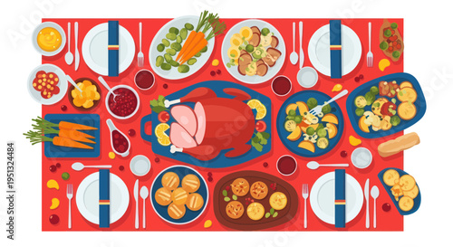 Festive Holiday Dinner Table Setting with Roasted Turkey and Side Dishes