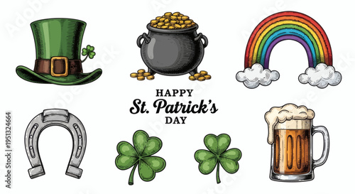 Colorful hand-drawn collection of Irish folklore symbols and good luck charms, perfect for festive celebrations and themed designs