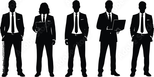 Businessmen silhouettes set featuring professional men in suits with ties holding laptop and clipboard isolated on white background for corporate and office design