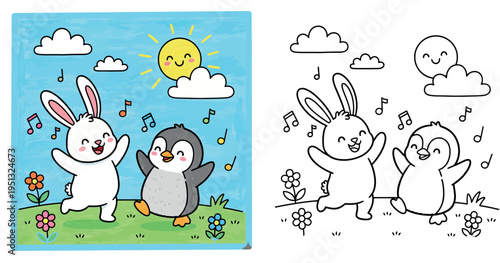 Adorable Cartoon Bunny and Penguin Dancing Together with Music Notes Under Smiling Sun