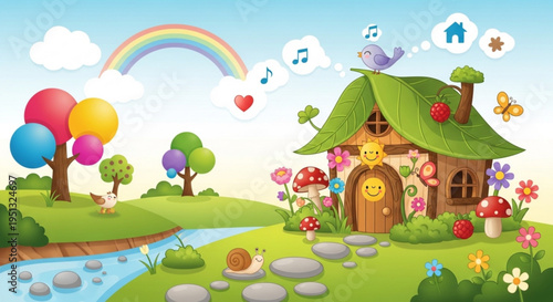 Whimsical cartoon house with green roof and rainbow surrounded by flowers trees and colorful balloons in a serene landscape