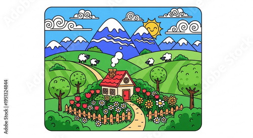 Whimsical countryside scene with house garden and sheep grazing under sunny blue sky with mountains