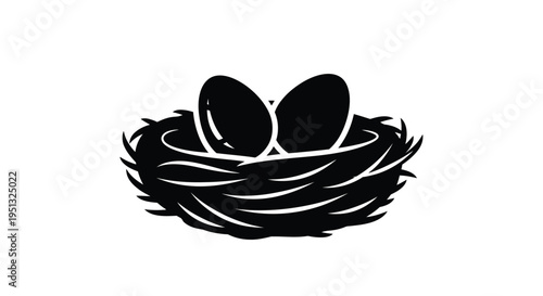 A black nest with two eggs depicted in stark silhouette