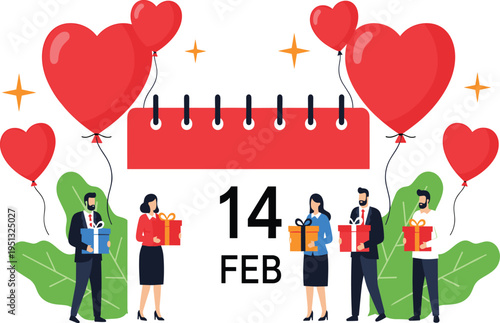 Valentines day calendar February 14 with heart balloons and people holding gifts romantic celebration love event concept vector illustration 