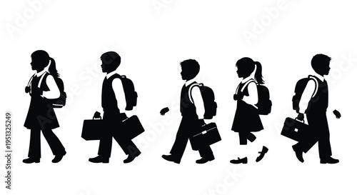 Students walking in a line carrying bags a striking black silhouette