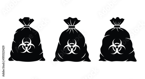 Three bags displaying biohazard symbols a stark black silhouette