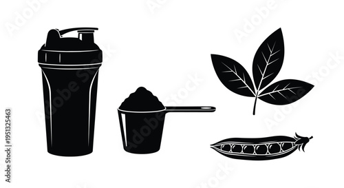 Protein shaker powder leaves and peas in a black silhouette
