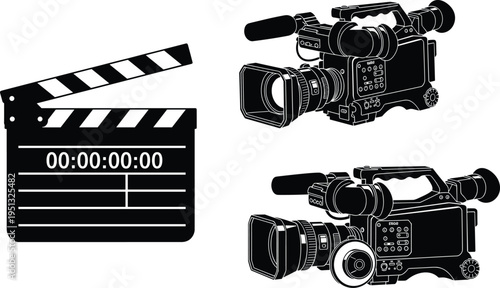 Video production equipment set with cinema cameras and clapperboard film slate professional filmmaking tools collection black silhouette vector illustration 