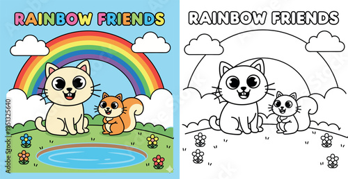 Cute Cartoon Cat and Squirrel by a Pond Under a Vibrant Rainbow