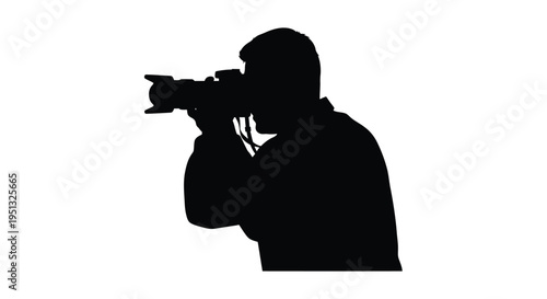 Photographer with camera side profile dark form against white background silhouette