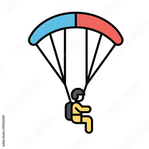 Flat vector illustration of a person parachuting in the sky, representing adventure, skydiving, and extreme sports activities.