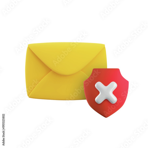 Vector cartoon 3d secure email icon. 3d render closed envelope, red shield, x cross sign. Electronic mail protection, cyber security, anti spam, fishing mail notification, protected web communication