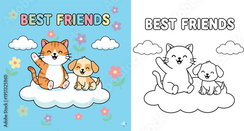 Cute Cartoon Cat and Dog Best Friends Waving on a Cloud