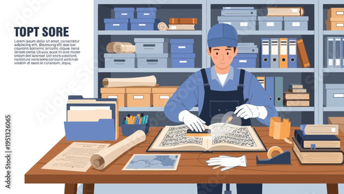 Archivist organizing historical documents in a library with tools