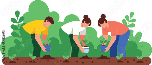 Volunteers planting young plants in community garden illustration showing teamwork, environmental conservation, eco friendly lifestyle, tree planting activity and sustainability concept
