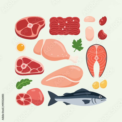 Assortment of Fresh Raw Meat and Fish Ingredients