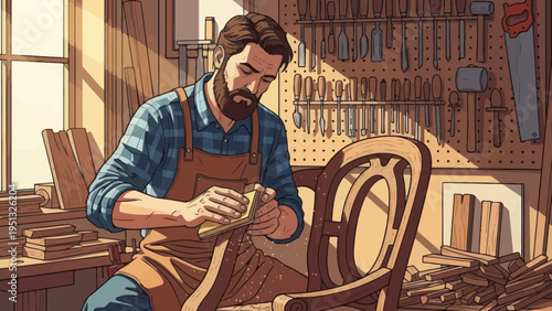 Carpenter sanding an antique chair in his workshop