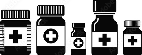 Medicine bottle icon set pharmacy pills container healthcare vector illustration black silhouette medical drug packaging symbols isolated on white background collection