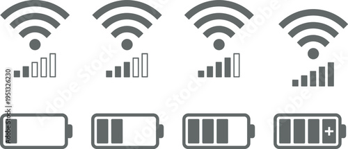 WiFi signal strength and battery level indicator icon set in grayscale isolated on white background, wireless connection and power status symbols