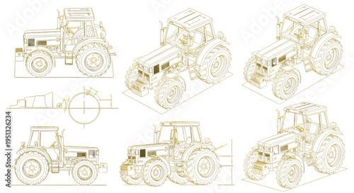 Huge Four-Wheel Tractor AutoCAD Blueprint Vector – Industrial Agricultural Machinery Technical Multiview Yellow Outline