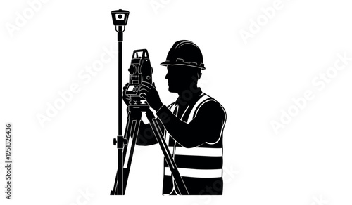 Construction worker operating surveying equipment on site with hard hat and safety vest
