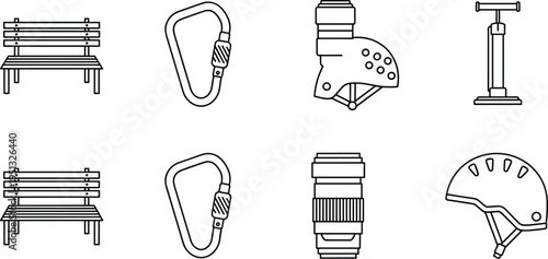 Outdoor activity and equipment icon set featuring park bench carabiner climbing gear camera lens bicycle pump and helmet minimal outline and solid vector illustration