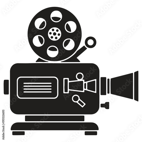Oldfashioned movie camera with film reel graphic illustration isolated on transparent background for cinematic production and filmmaking concept