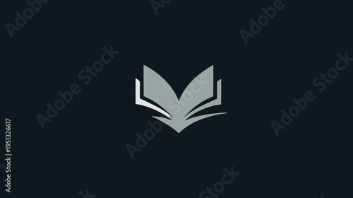 Abstract silver open book icon on dark background, symbolizing education, knowledge, learning, and literature design