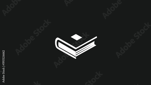 Minimalist white book icon on black background, symbolizing education, knowledge, and learning. Simple vector graphic design element.
