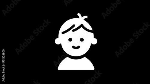 Simple white icon of a smiling baby or young child. Cute user profile avatar graphic on a black background, happy kid illustration.
