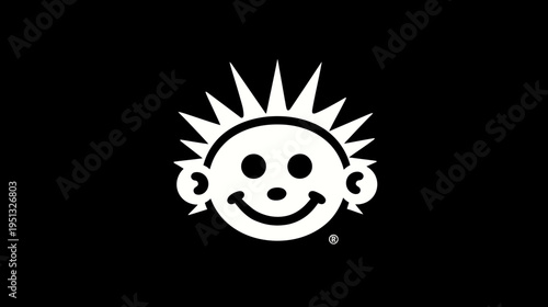 Minimalist black and white illustration of a cheerful, spiky-haired face, a playful and joyful graphic design element concept.
