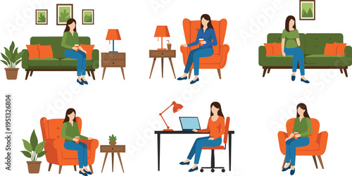 Woman relaxing at home set with sofa armchair and workspace scenes, modern living room interior lifestyle, leisure activities, remote work concept flat illustration