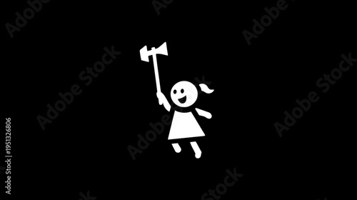 Minimalist graphic of a triumphant girl stick figure holding an axe high above her head, symbolizing strength, power, and determination.