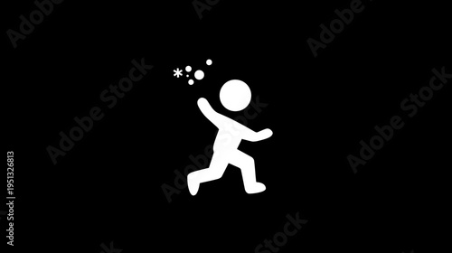 Energetic running person silhouette with celebratory sparkles icon on black background, symbolizing success, joy, and achievement.